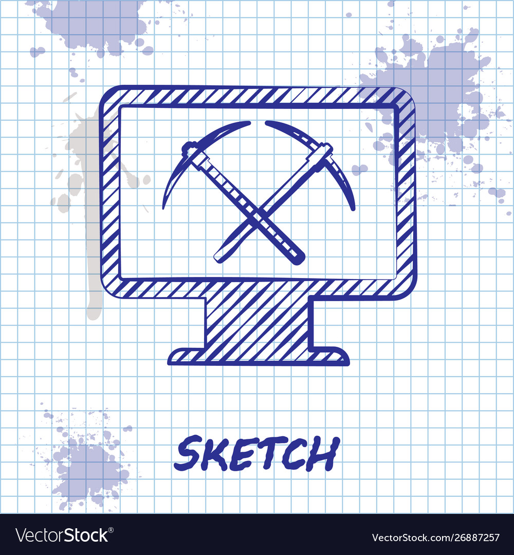 Sketch line mining concept with laptop and pickaxe