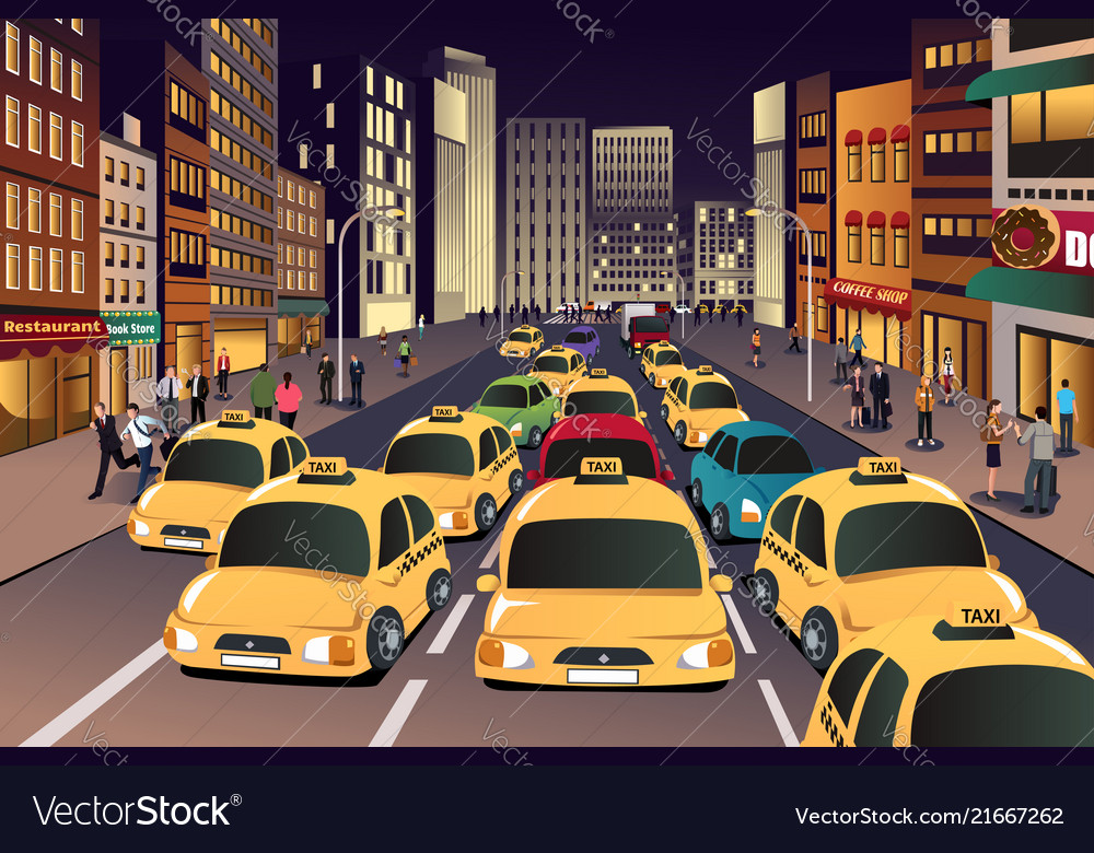 Busy city in evening Royalty Free Vector Image