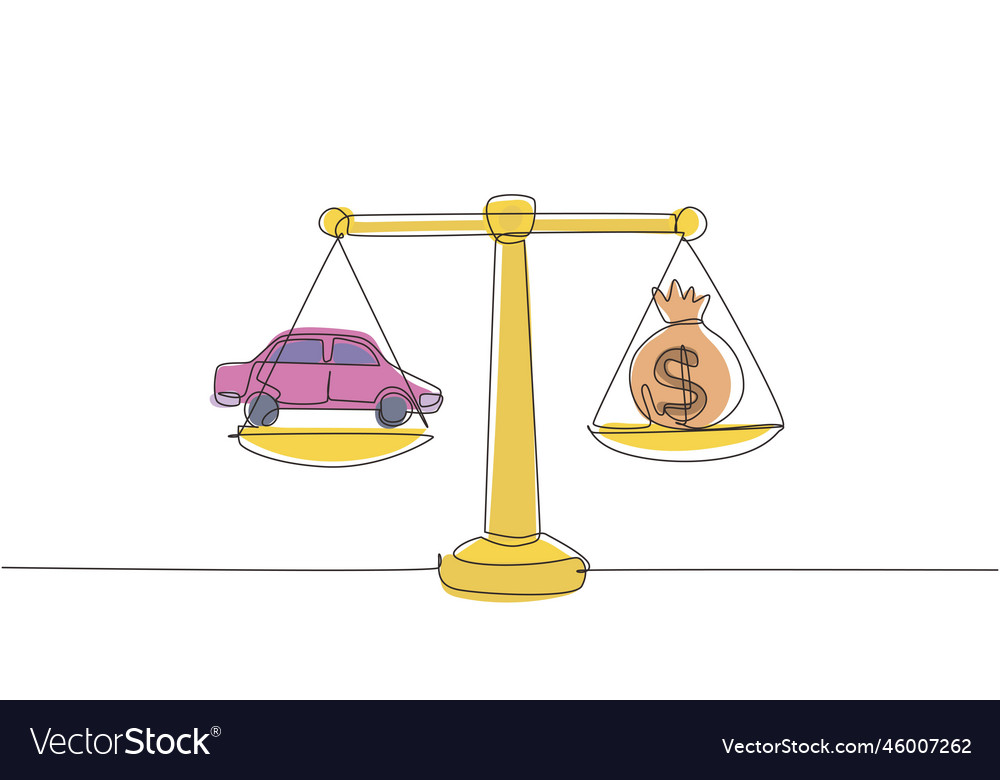 Continuous one line drawing money sack scales Vector Image