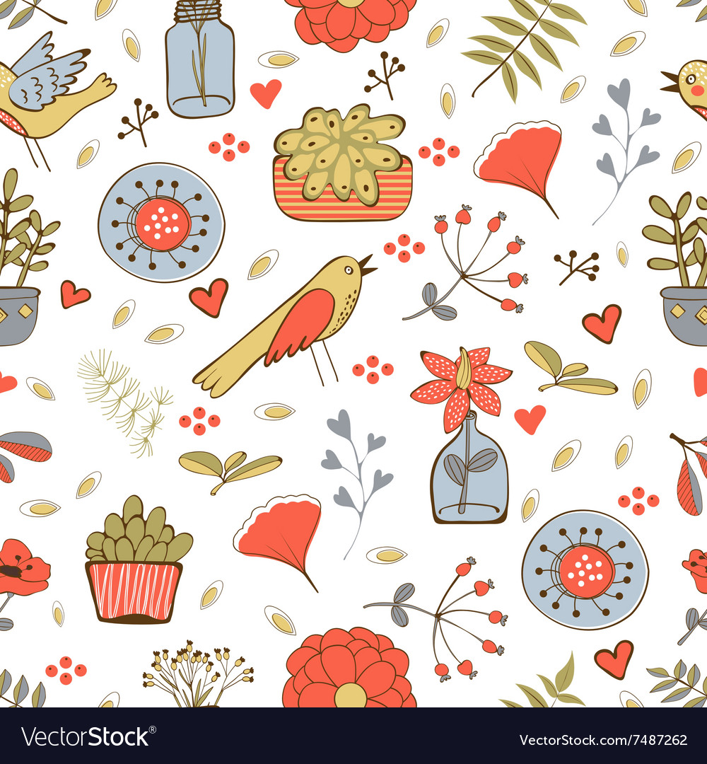 Seamless pattern with plants birds leaves