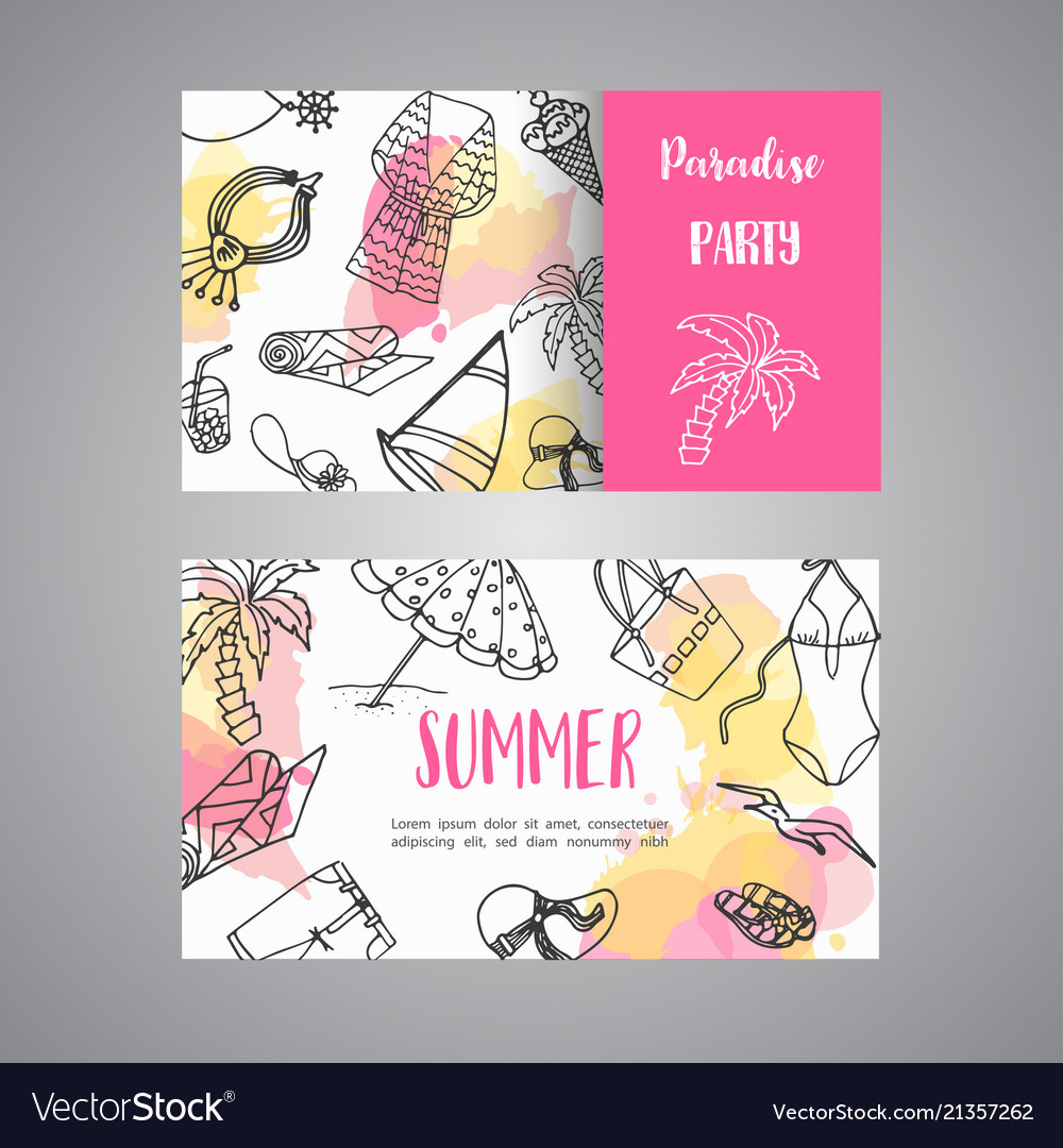 Summer hand drawn business card beach doodle vector image Summer hand drawn business card beach doodle
