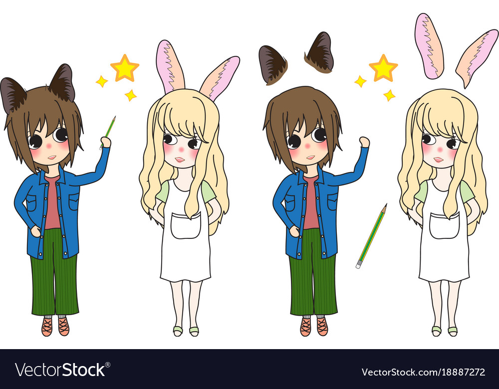 Rabbit And Cat Girl Looking Up And Pointing At Vector Image