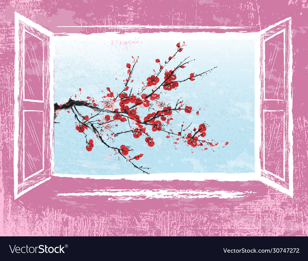 Realistic cute cherry blossom in an open window