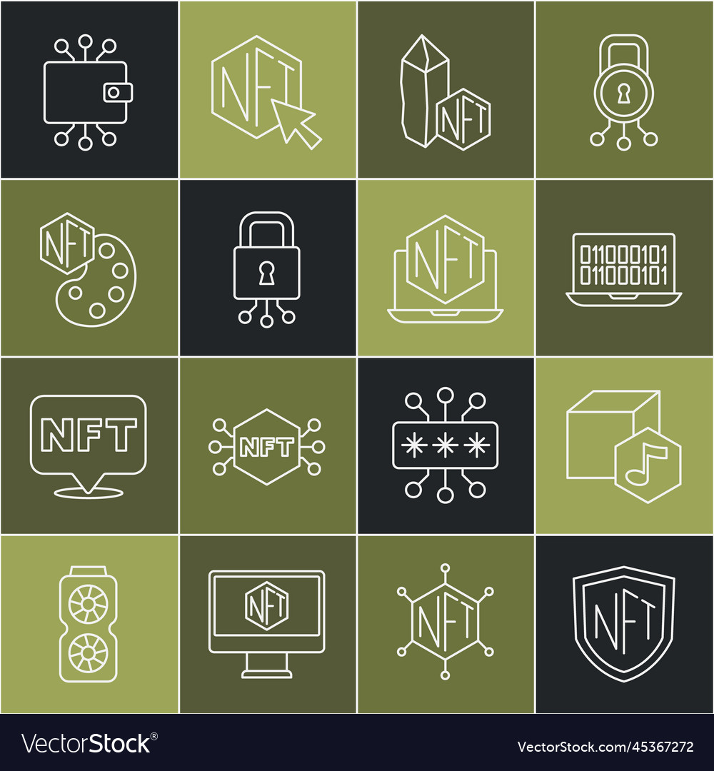 Set line nft shield digital crypto art binary vector image Set line nft shield digital crypto art binary