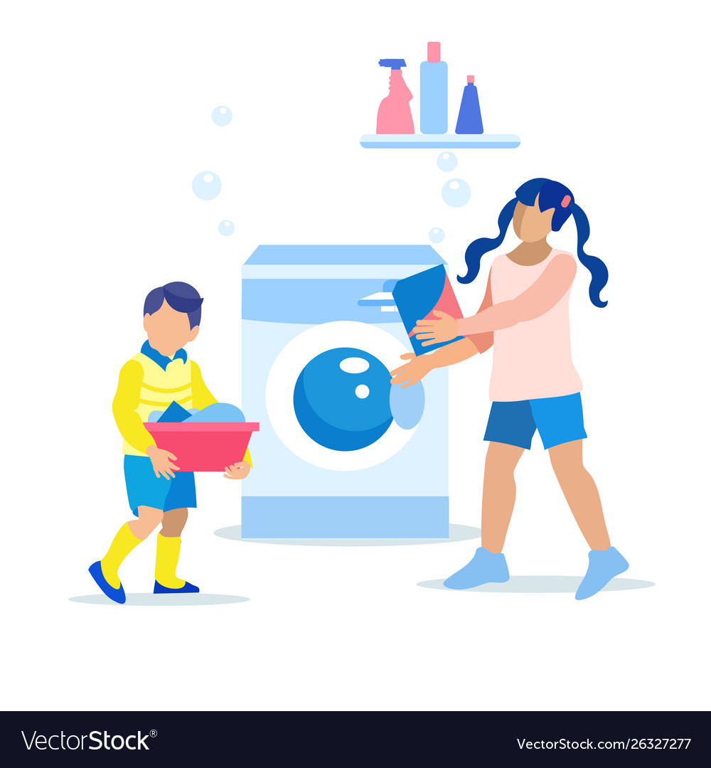 Children load laundry into washing machine cartoon