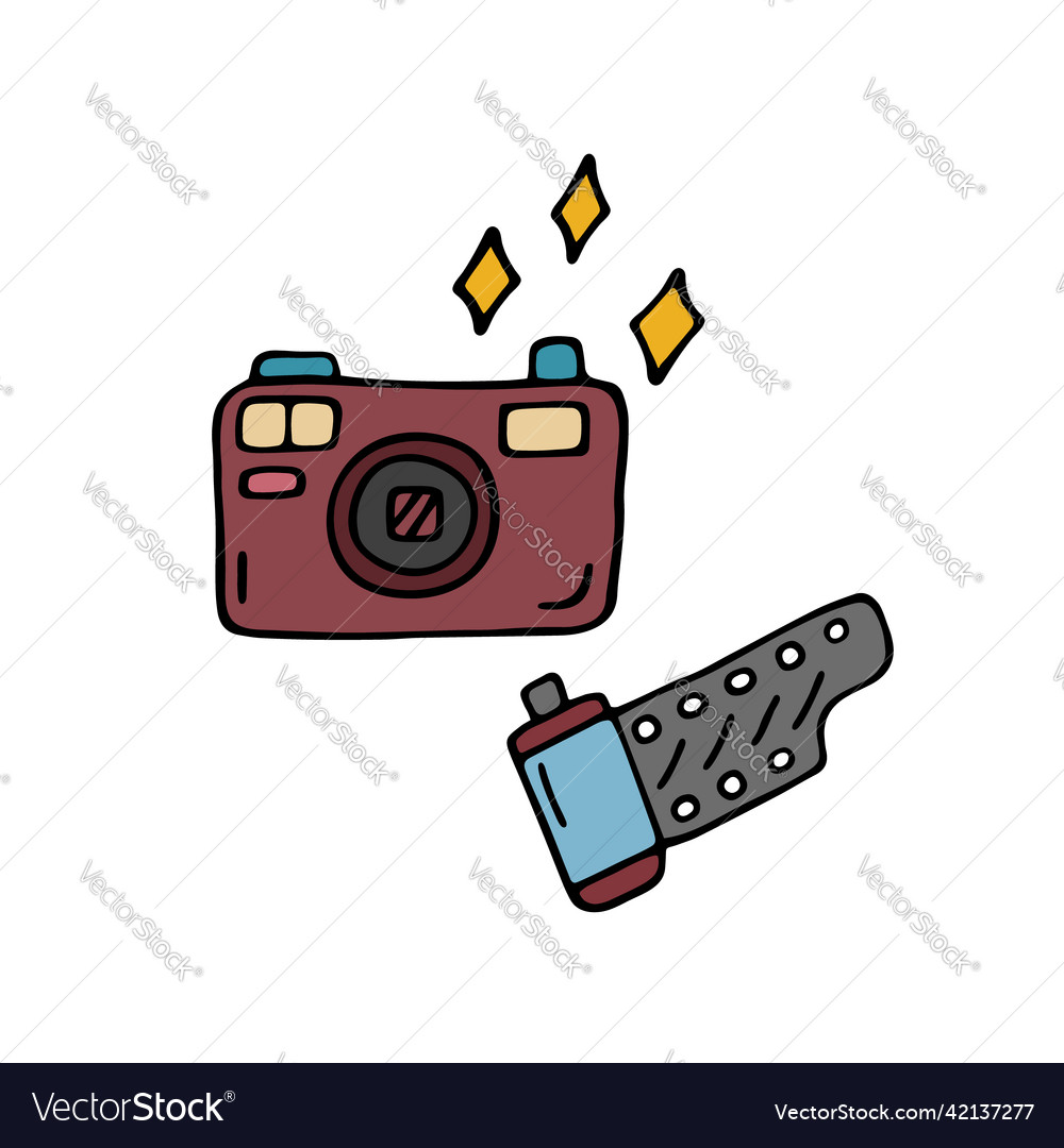 Doodle photo camera and film roll isolated 90s Vector Image Doodle photo camera and film roll isolated 90s