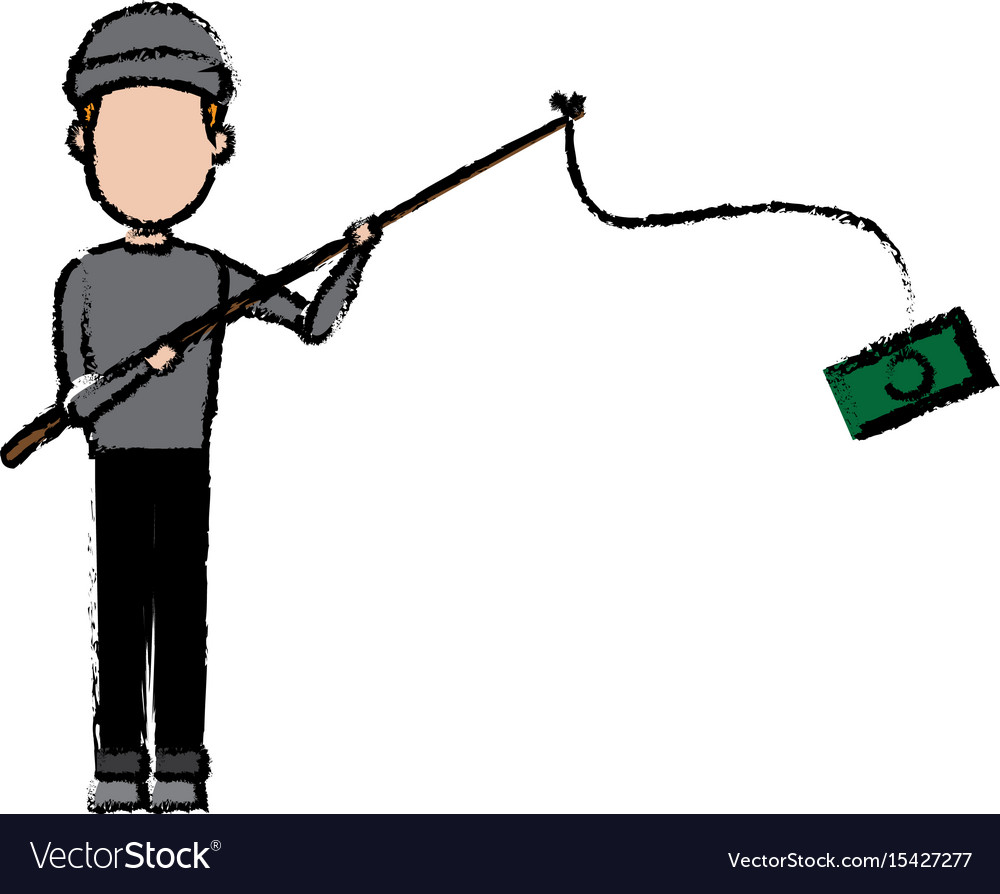 Hacker man character system thief holding banknote