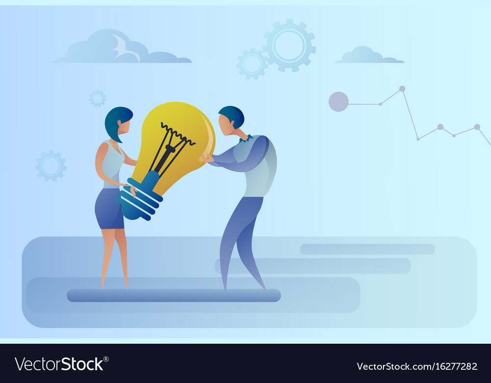 Business man and woman holding light bulb sharing Vector Image