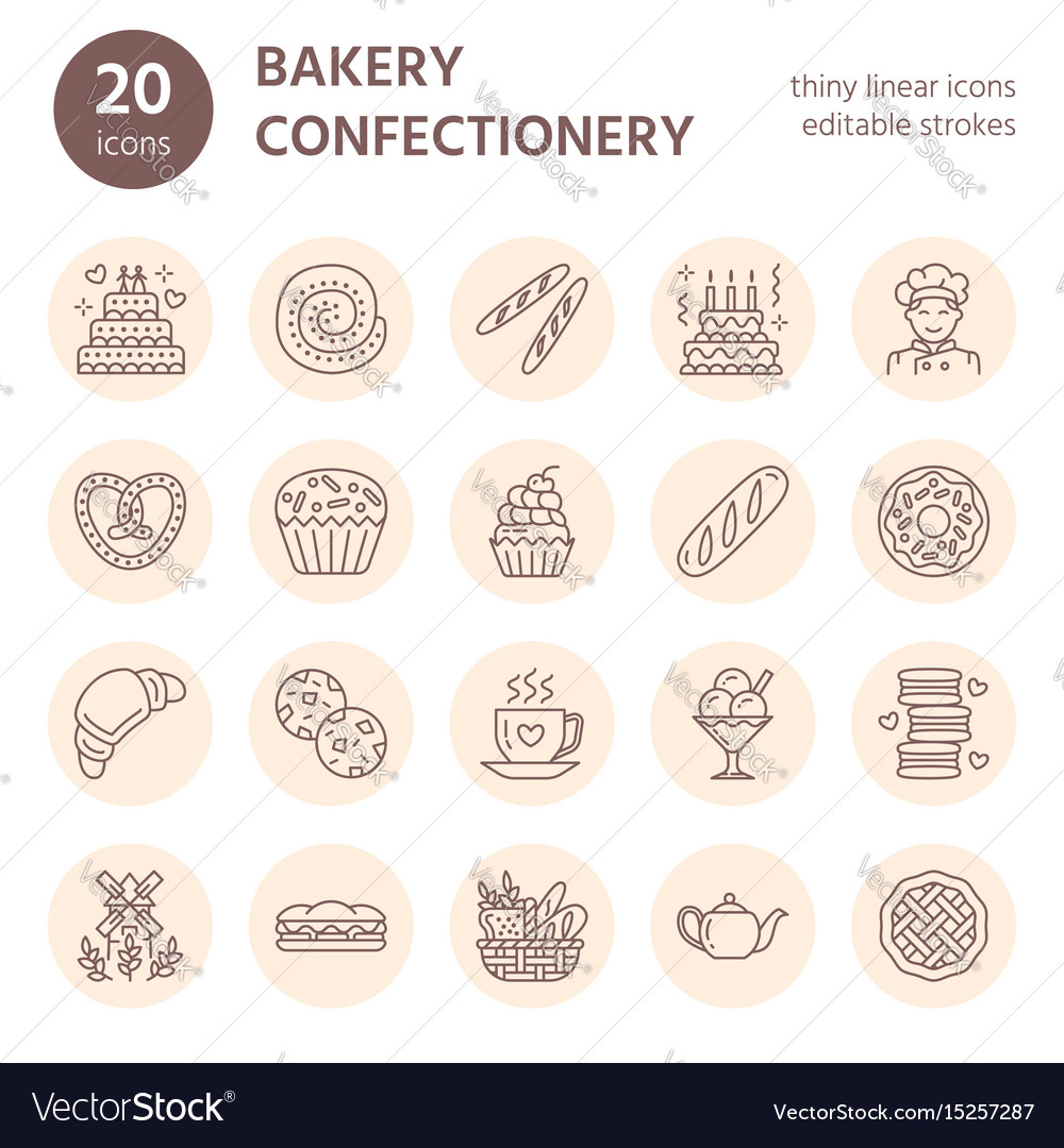 Bakery confectionery line icons sweet shop