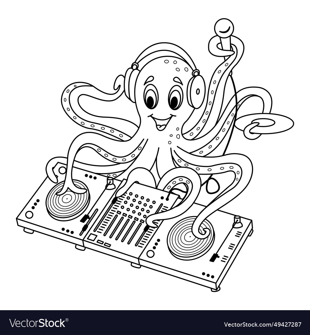 Dj octopus plays mixer for coloring page Vector Image