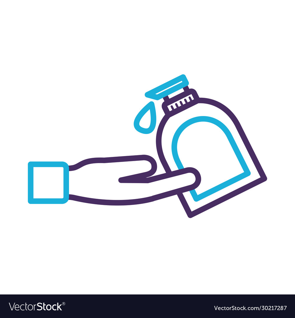 Hand using disinfectant bottle with push dispenser