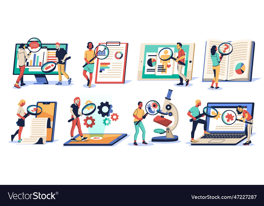 People with magnifying glass cartoon characters Vector Image