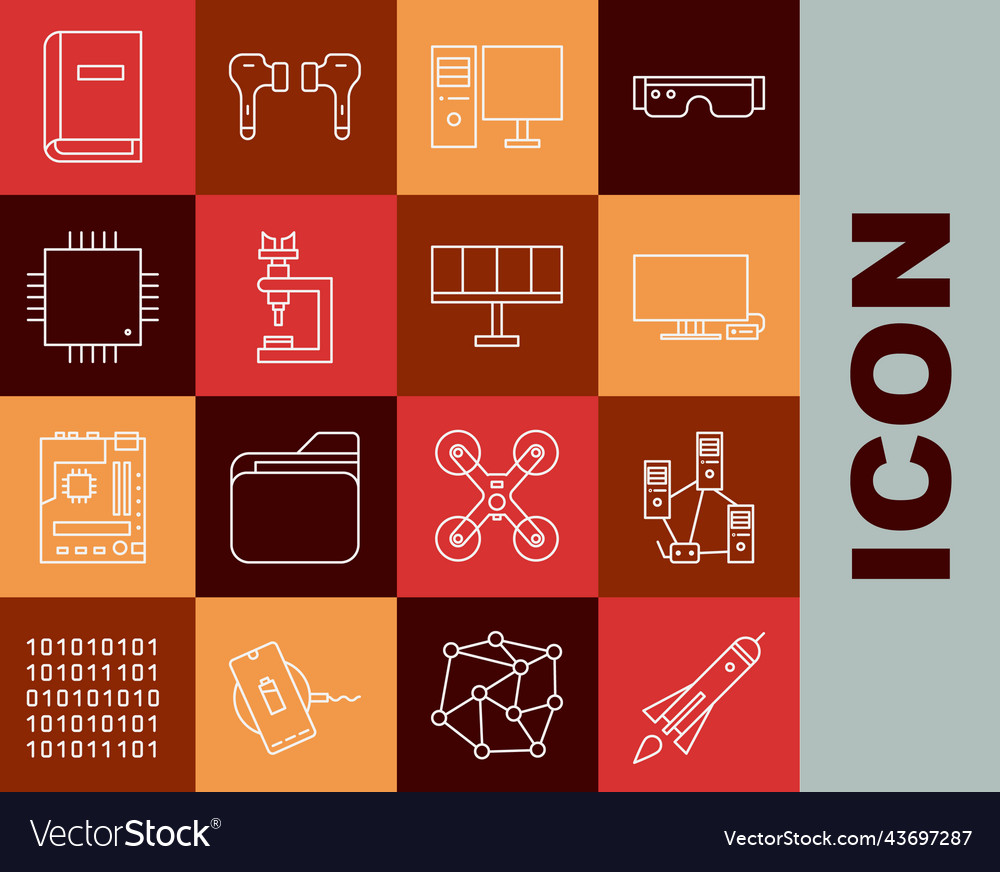 Set line rocket ship with fire computer network vector image Set line rocket ship with fire computer network