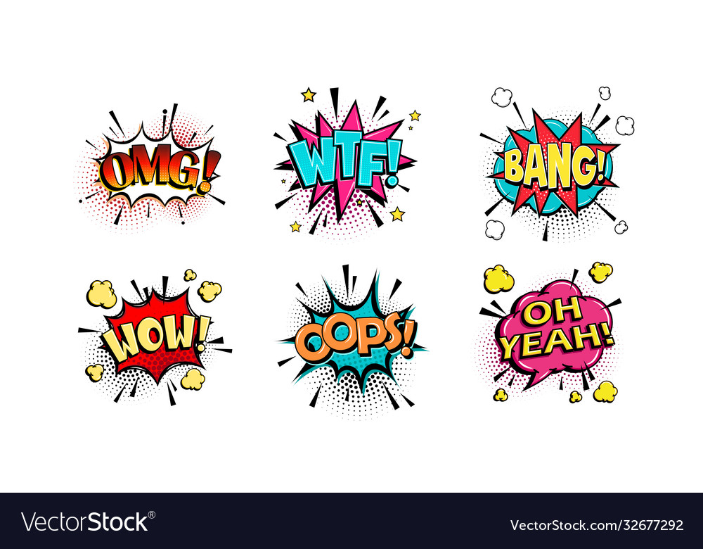 Comic speech bubbles set with different emotions and text OMG,WTF,BANG,WOW,...