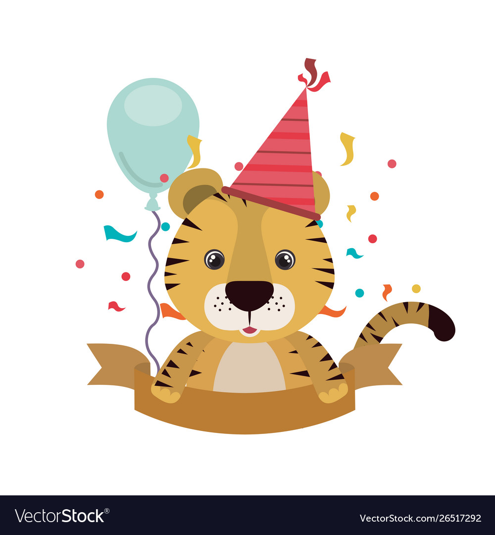 Cute tiger with party hat on white background Vector Image