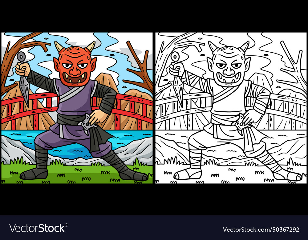 Ninja wearing oni mask coloring page