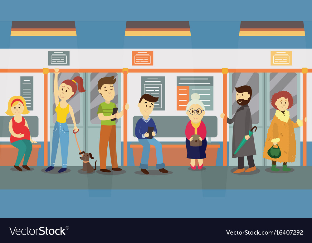 People in subway train car sitting standing