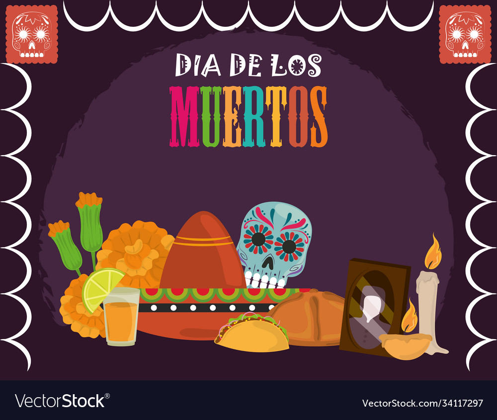 Day dead sugar skull hat tequila flowers Vector Image