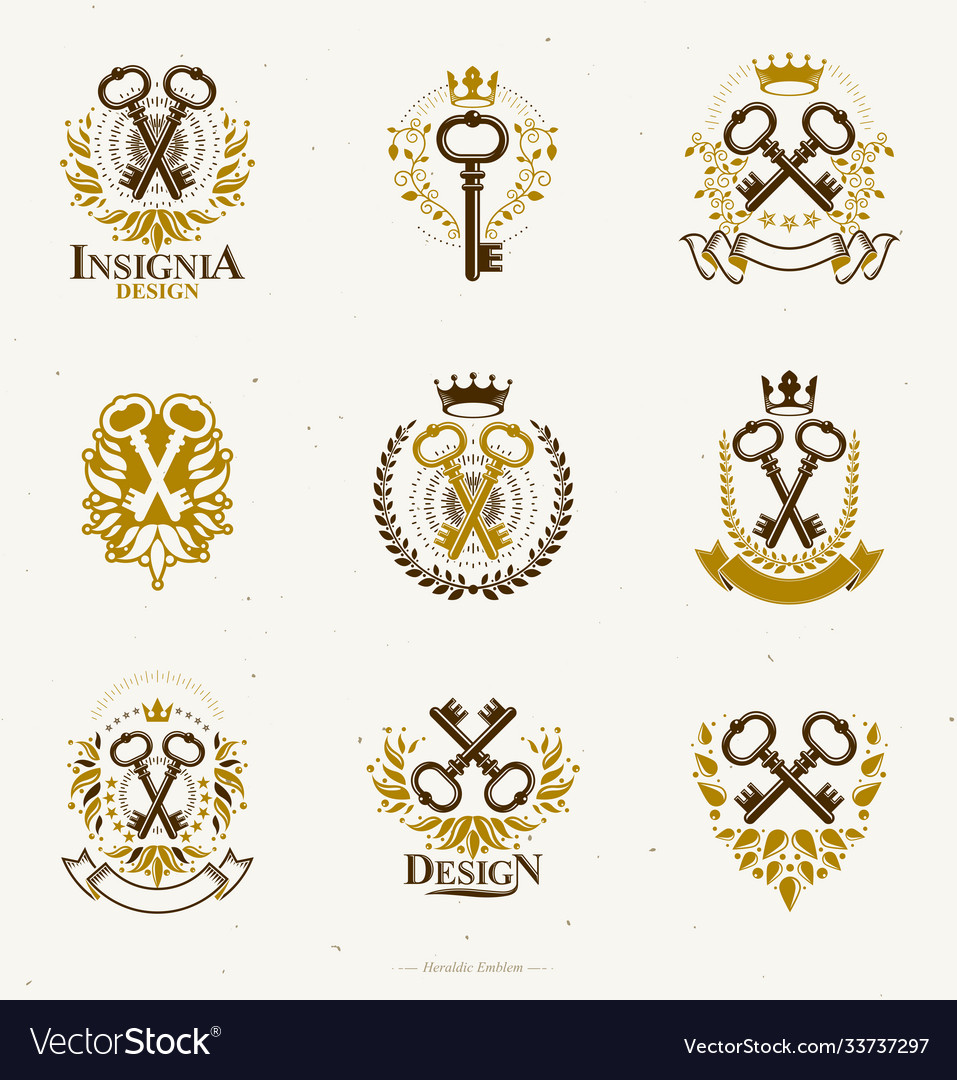 Old turnkey keys emblems set heraldic design Vector Image