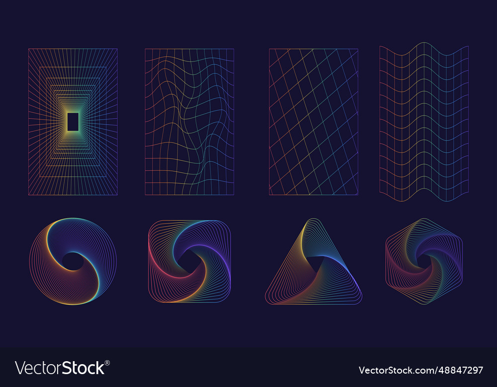Set of abstract shapes and grids in rainbow color