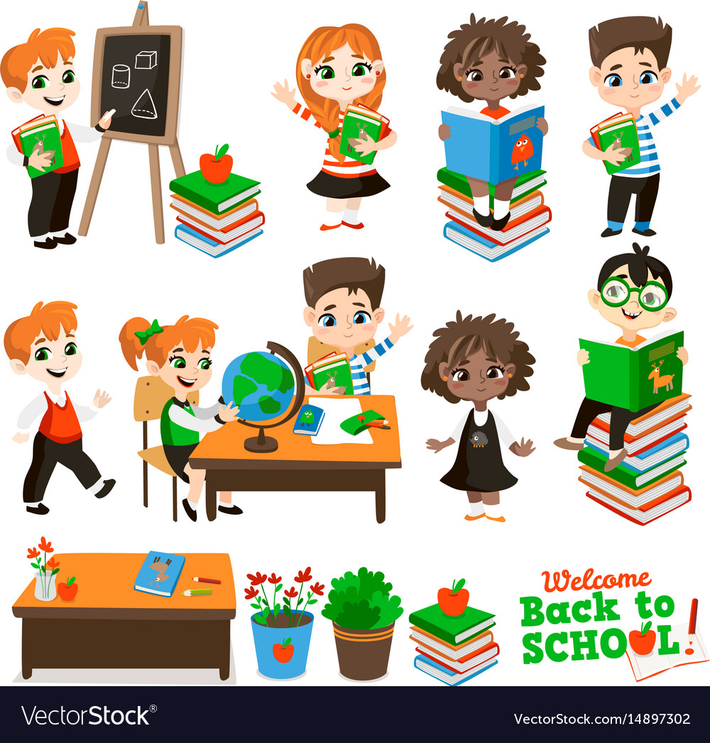 Back to school set with pupils Royalty Free Vector Image