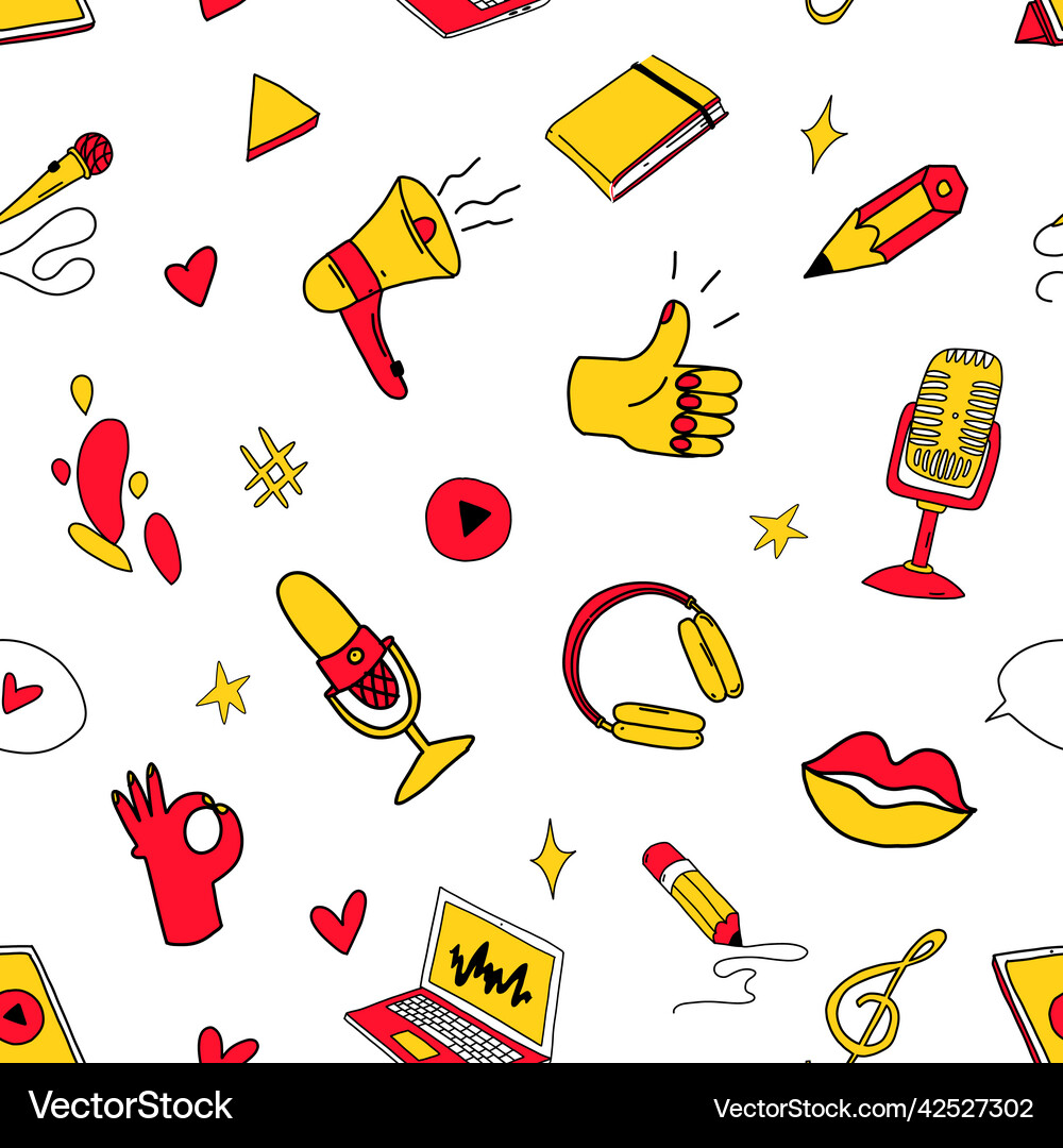 Podcast seamless pattern in doodle cartoon style Vector Image