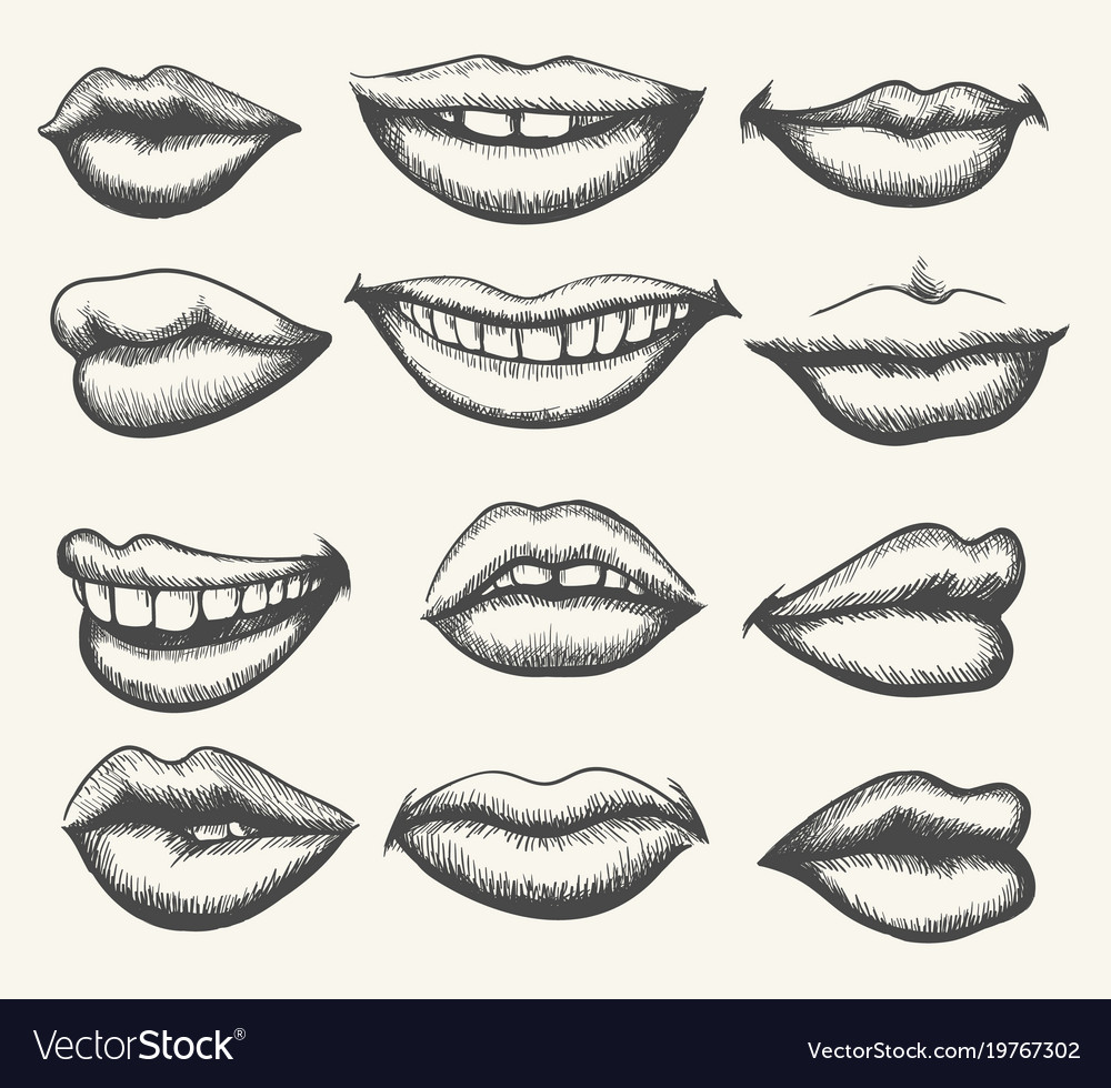 Retro smiling and kissing mouth set Royalty Free Vector