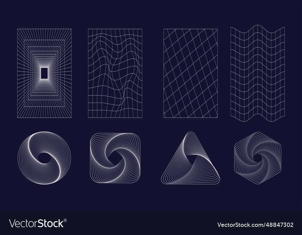 Set of abstract shapes and grids in white color