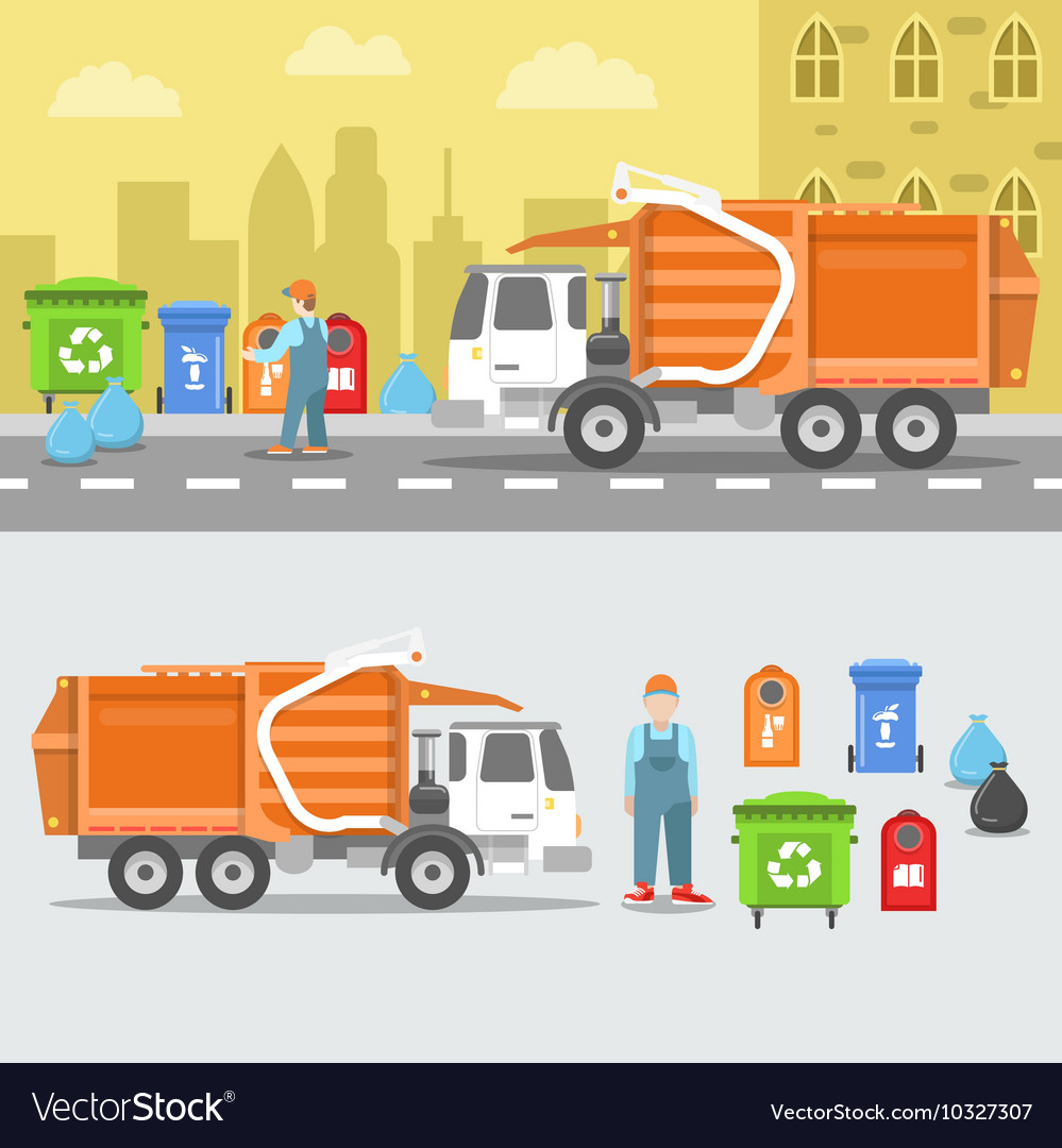 Garbage recycling set with truck and containers