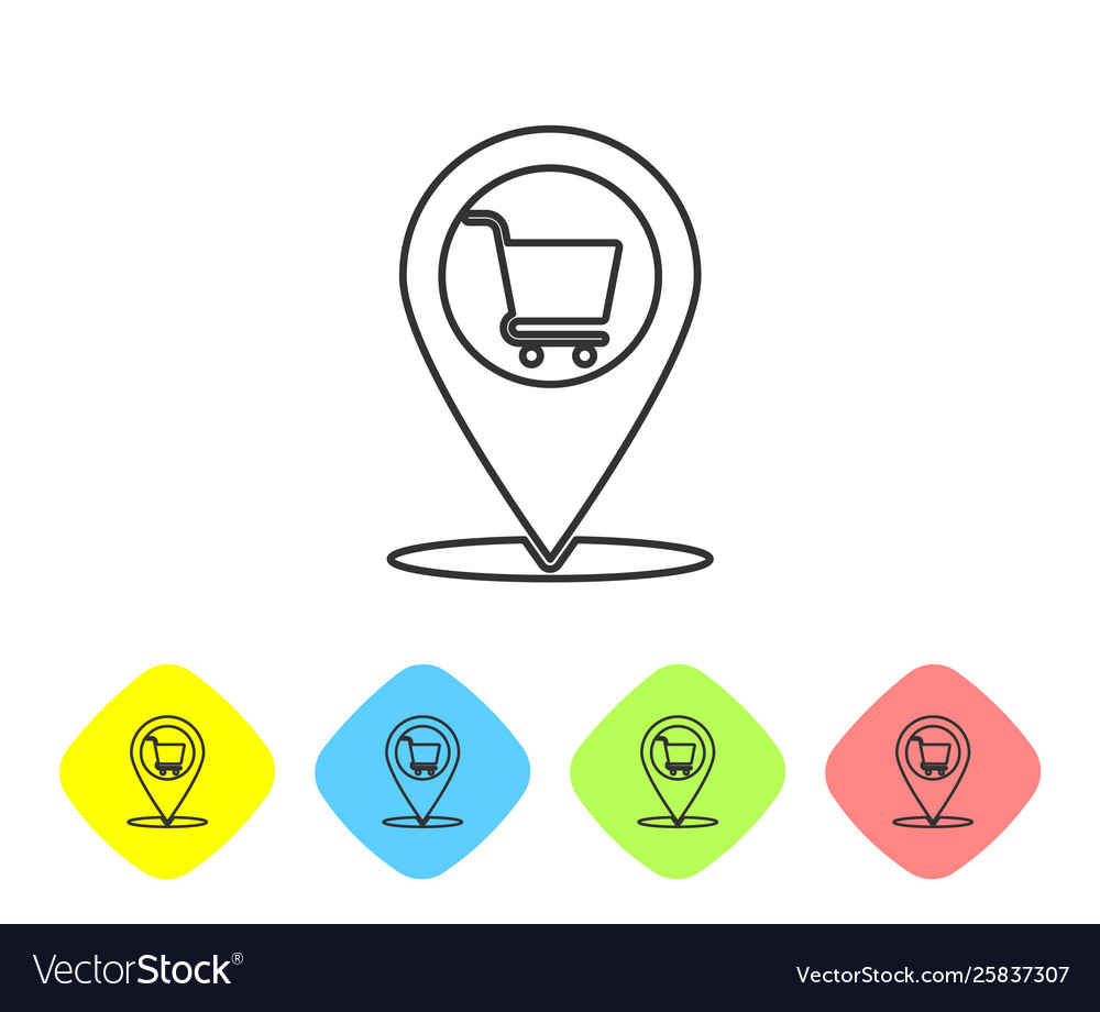 Grey map pointer with shopping cart line icon