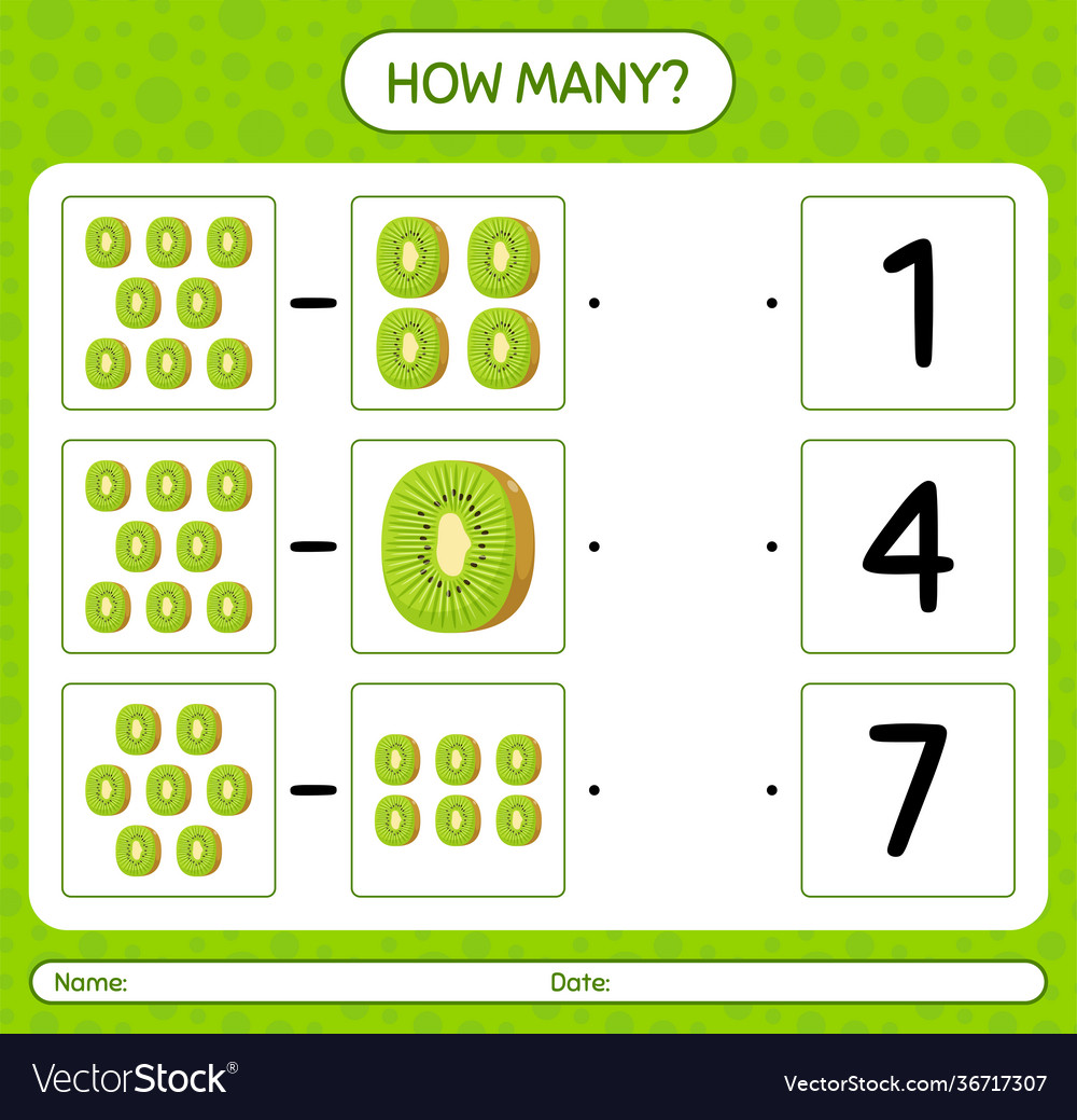 How many counting game with kiwi worksheet vector image How many counting game with kiwi worksheet