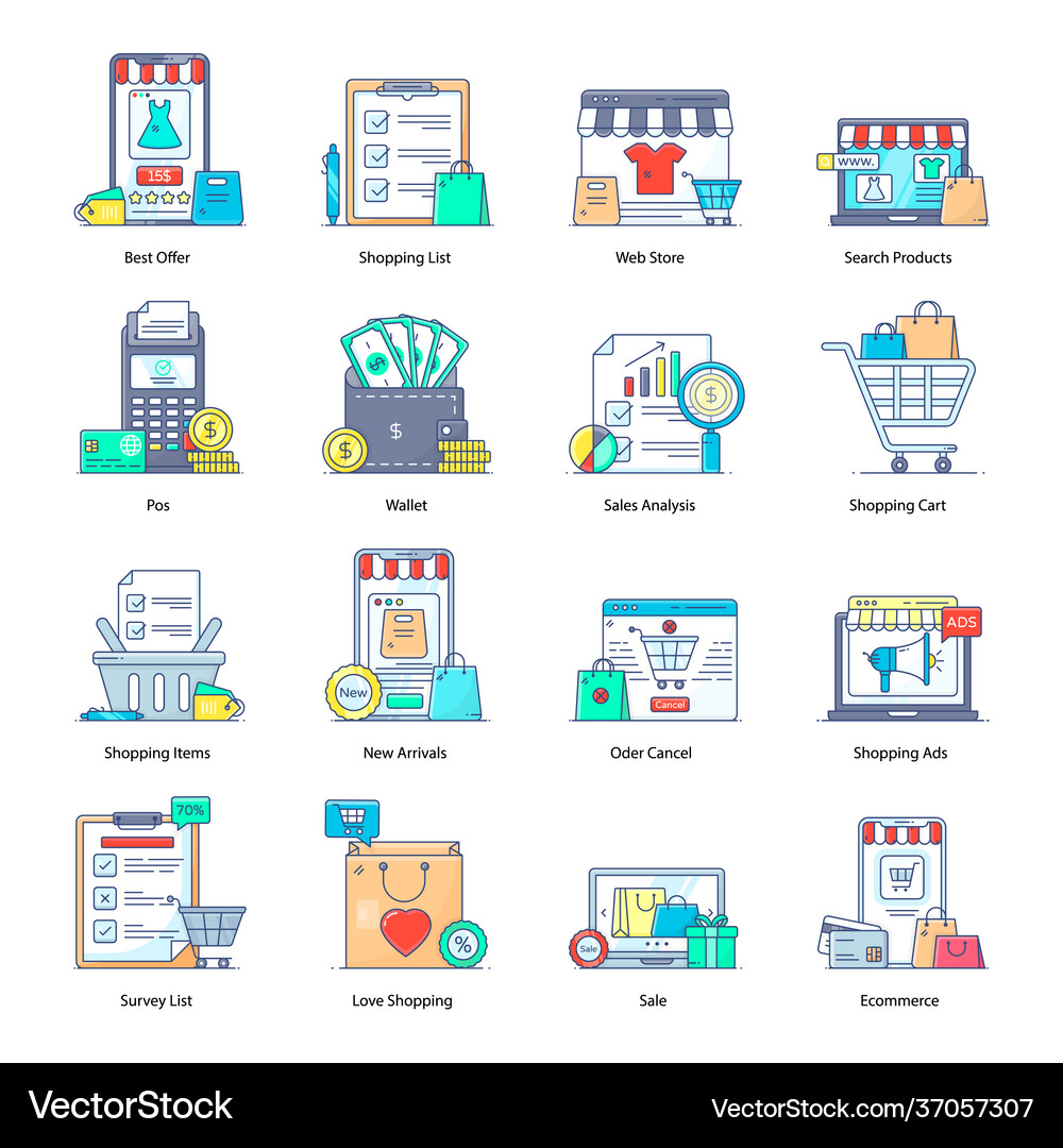 Pack e shopping flat icons Royalty Free Vector Image