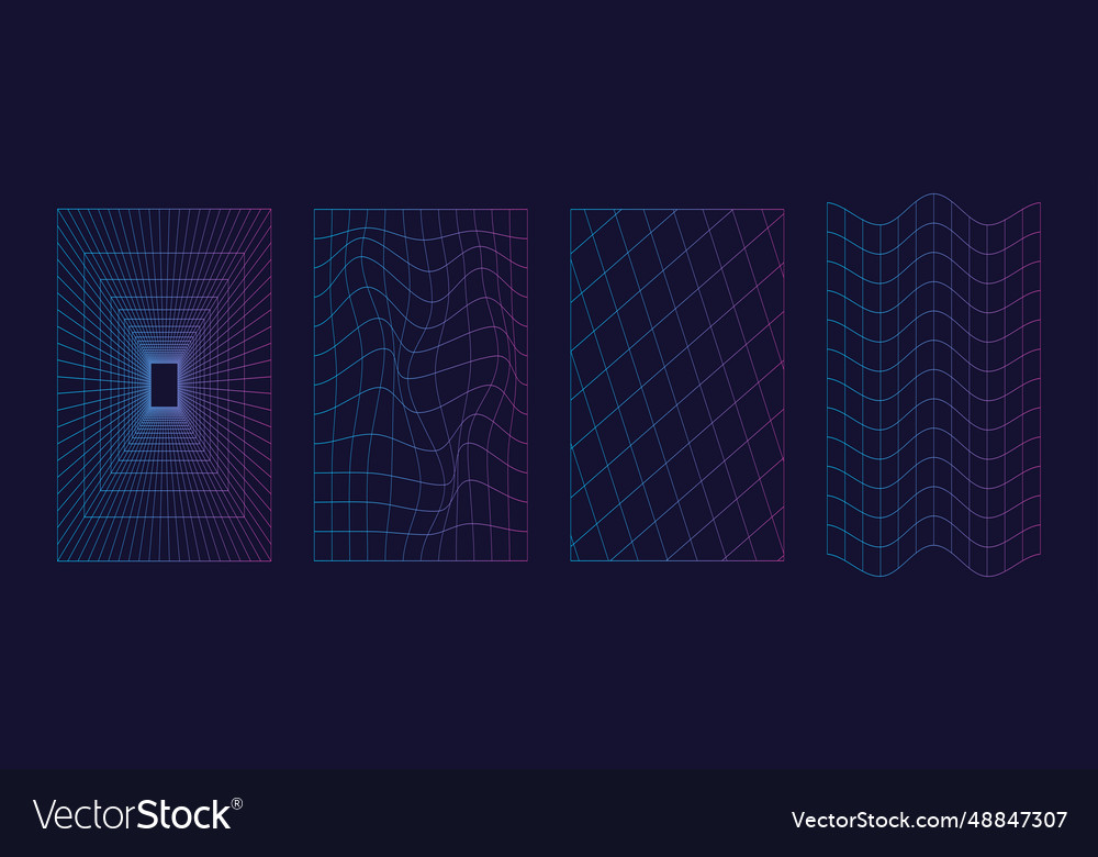 Set of distorted wireframe grid in neon color