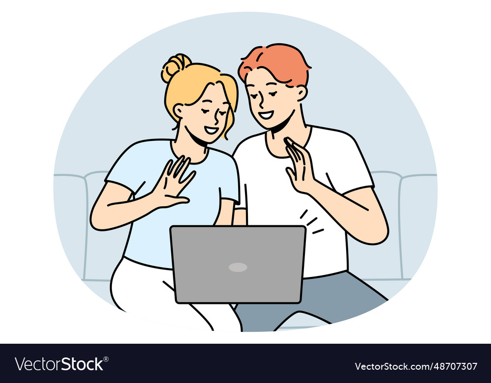 Smiling couple talk on video call computer vector image Smiling couple talk on video call computer