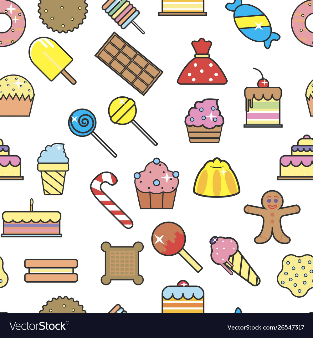 Desserts and sweet snacks seamless pattern bakery vector image Desserts and sweet snacks seamless pattern bakery