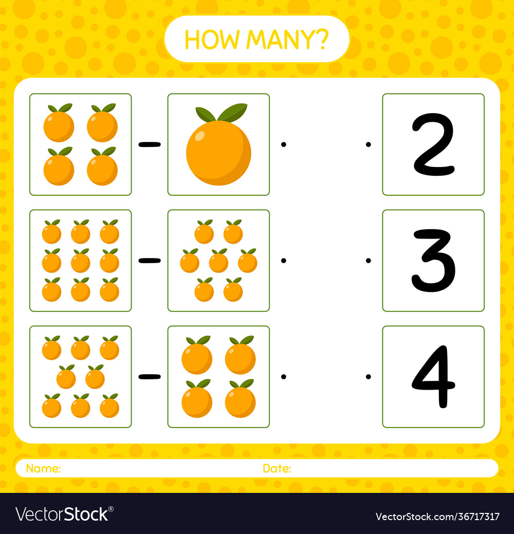 How many counting game with orange worksheet vector image How many counting game with orange worksheet