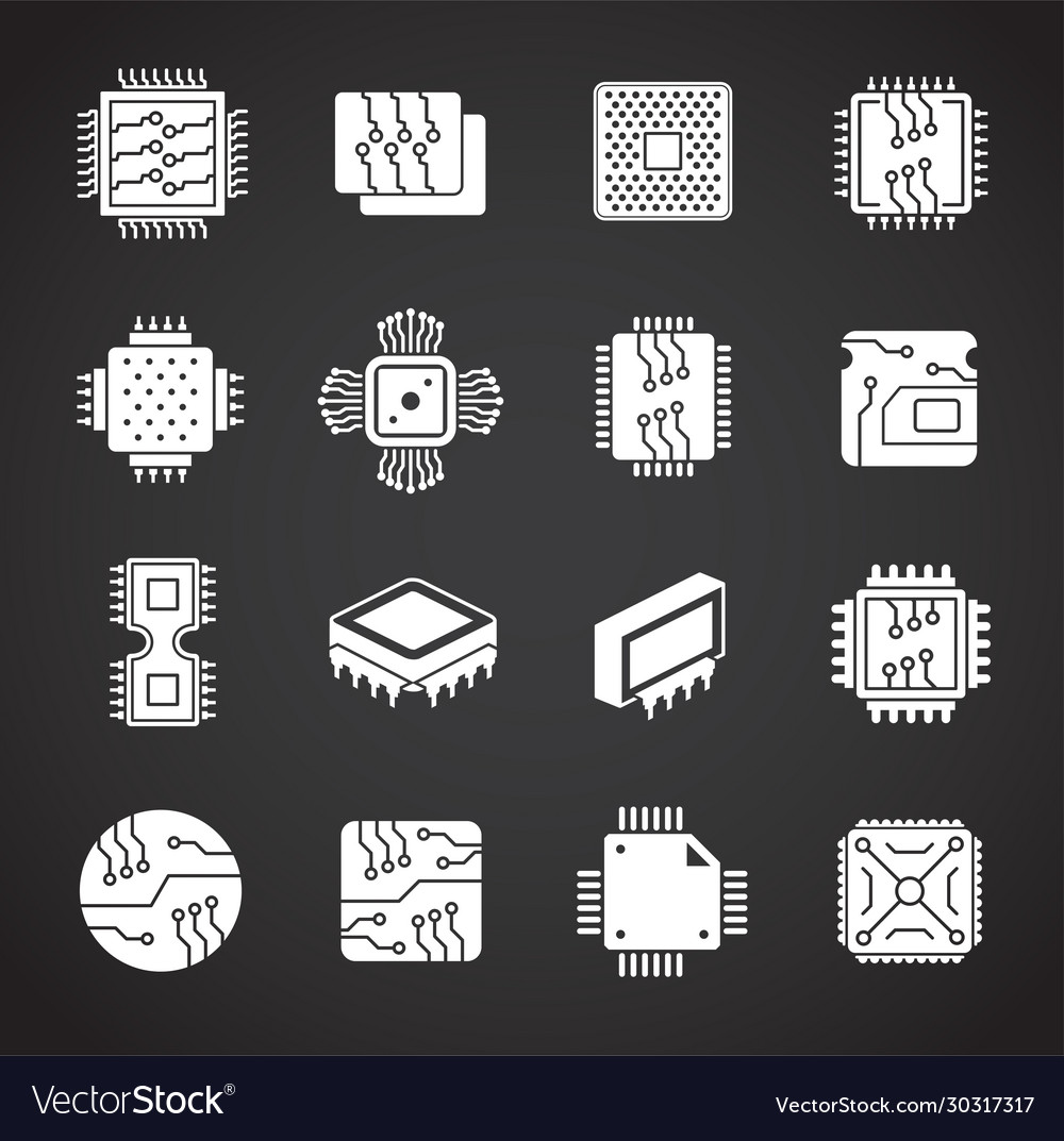 Processor chip related icons set on background vector image Processor chip related icons set on background