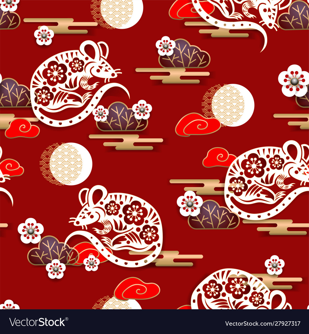 Seamless pattern with mouses and sakura vector image Seamless pattern with mouses and sakura