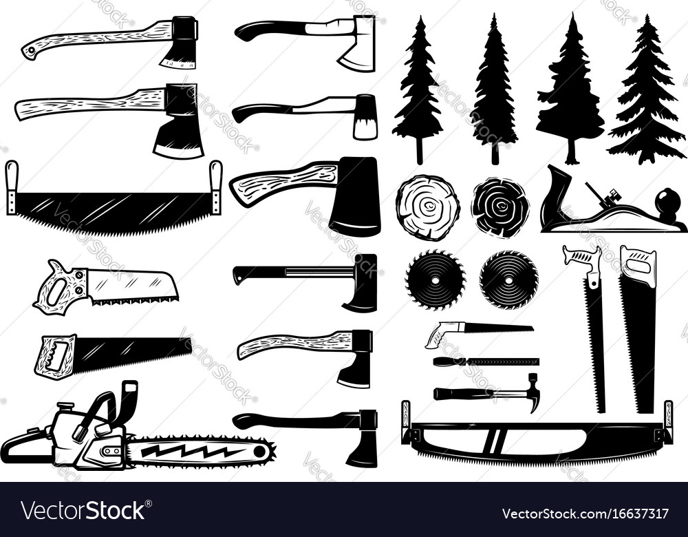 Set of carpenter tools wood and trees icons Vector Image