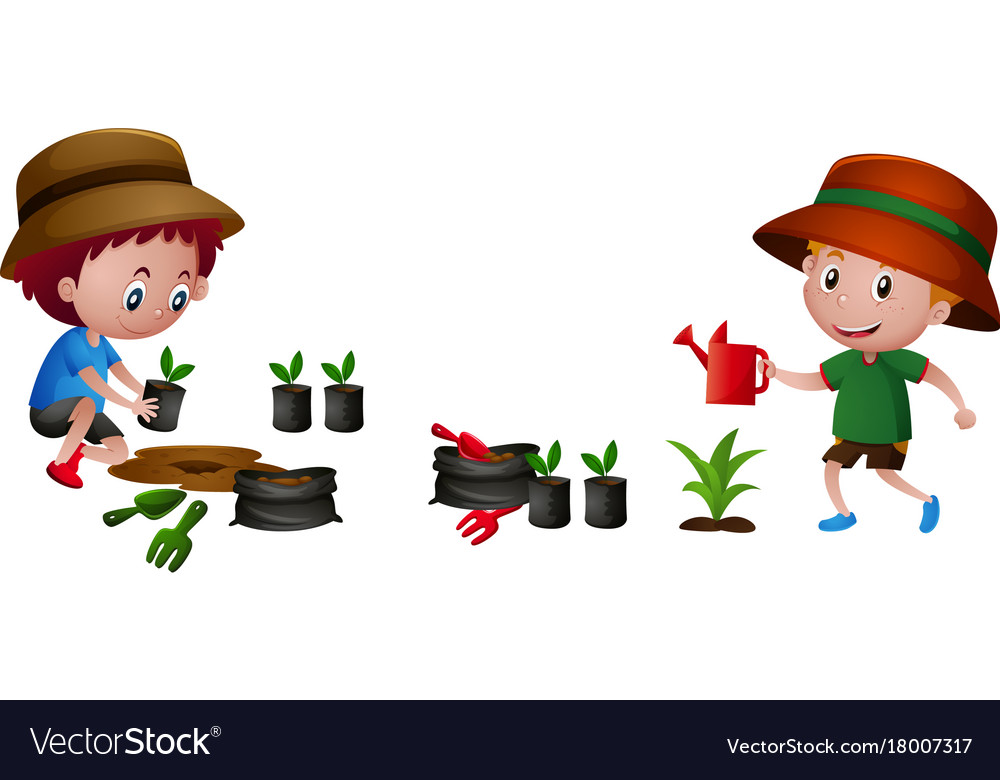 Two boys planting tree