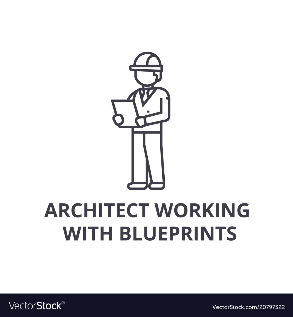 Architect working with blueprints line icon