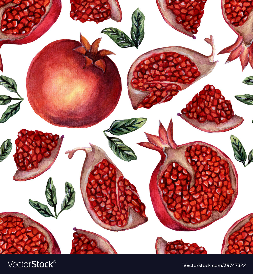 Seamless pattern of whole pomegranate and slices