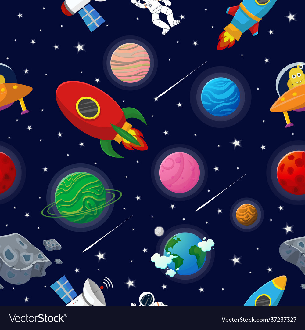 Astronaut with rocket and alien in open space vector image Astronaut with rocket and alien in open space