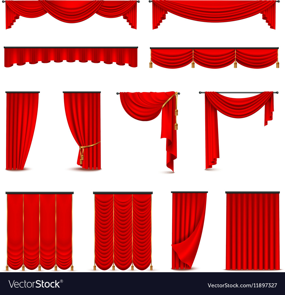 Luxury Red Curtains Draperies Realistic Set Vector Image