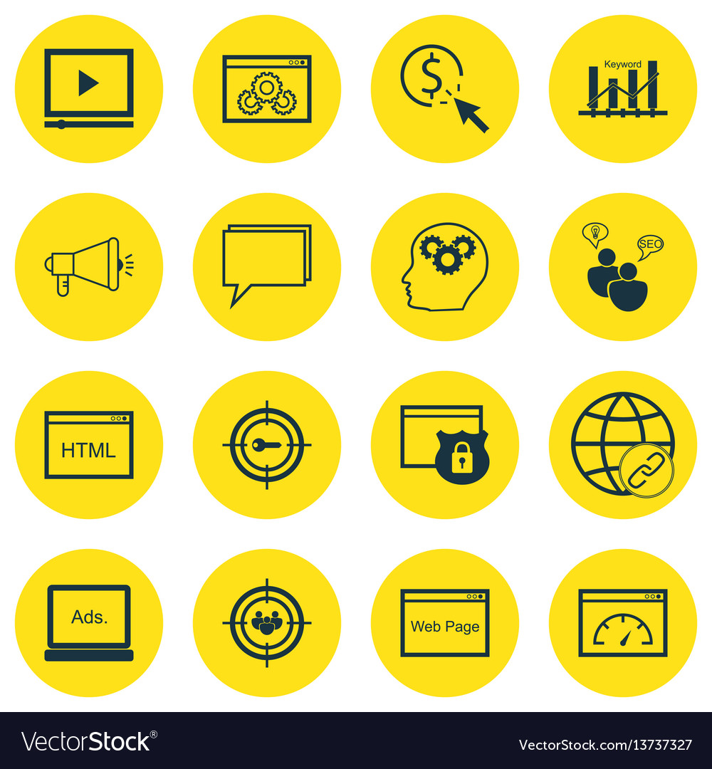 Set von 16 seo Icons beinhaltet die Kodierung von Videoplayer