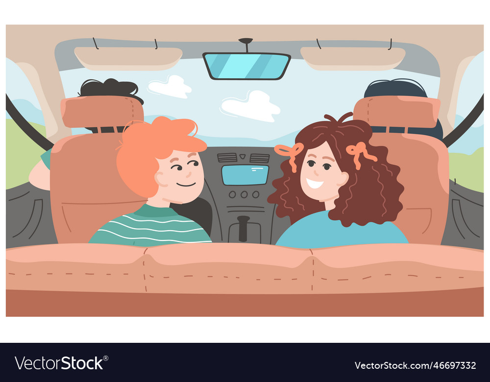 Car interior with son and daughter riding in back