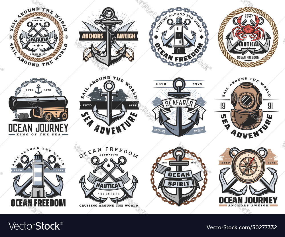 Nautical anchor sea ship rope and chain icons Vector Image