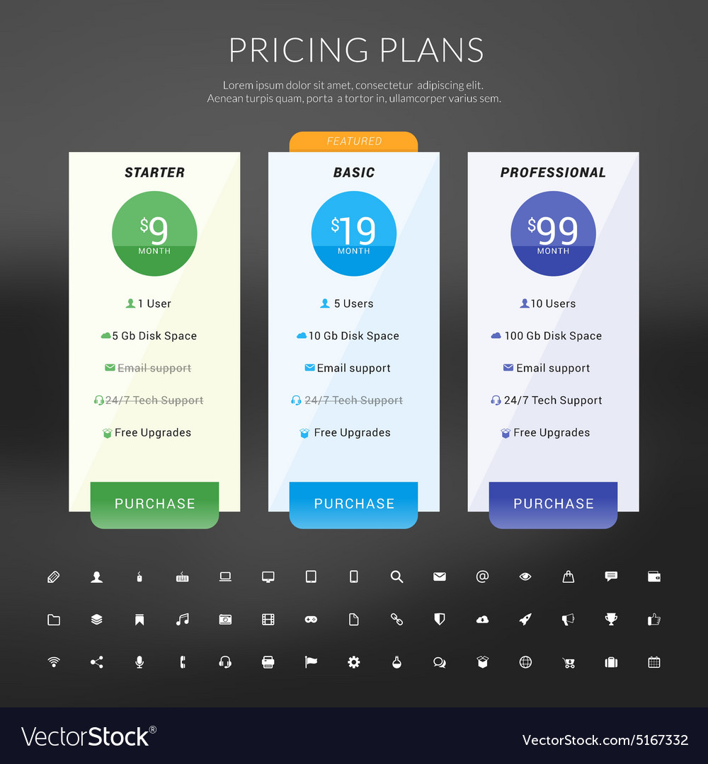 Pricing table in flat design style for websites