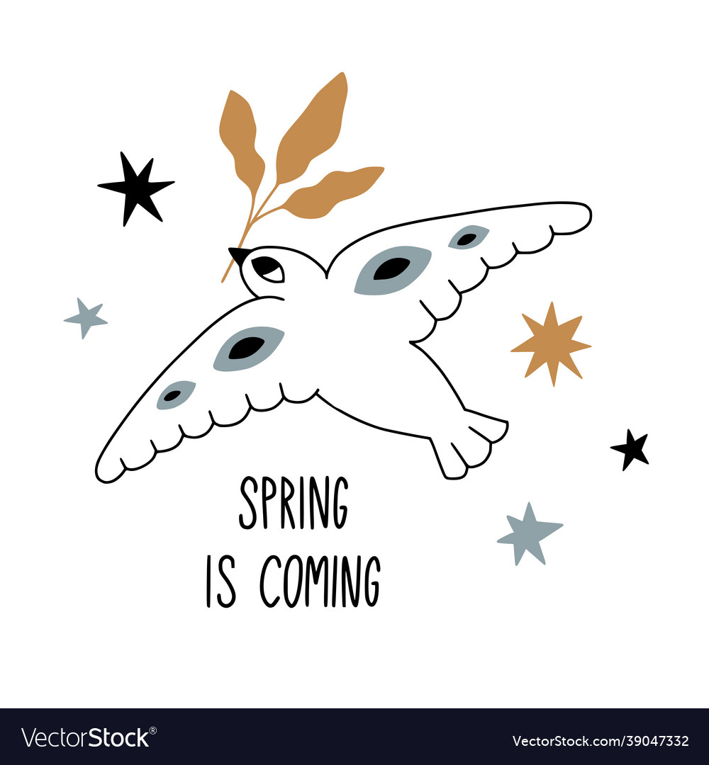 Spring is coming cute cartoon bird with leaves