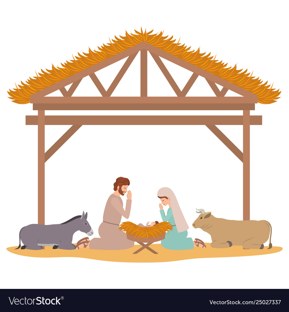 Holy family in stable with animals characters